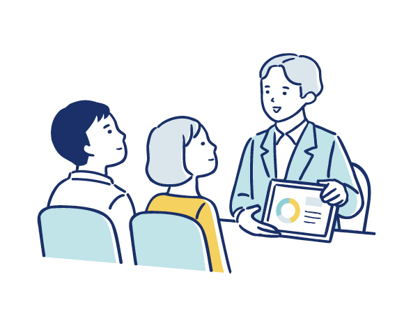 男女2名のお客様に説明する営業担当者のイラスト
