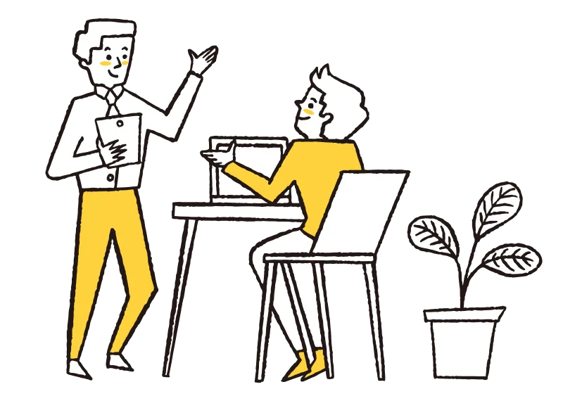 制作チームが会話する様子のイラスト