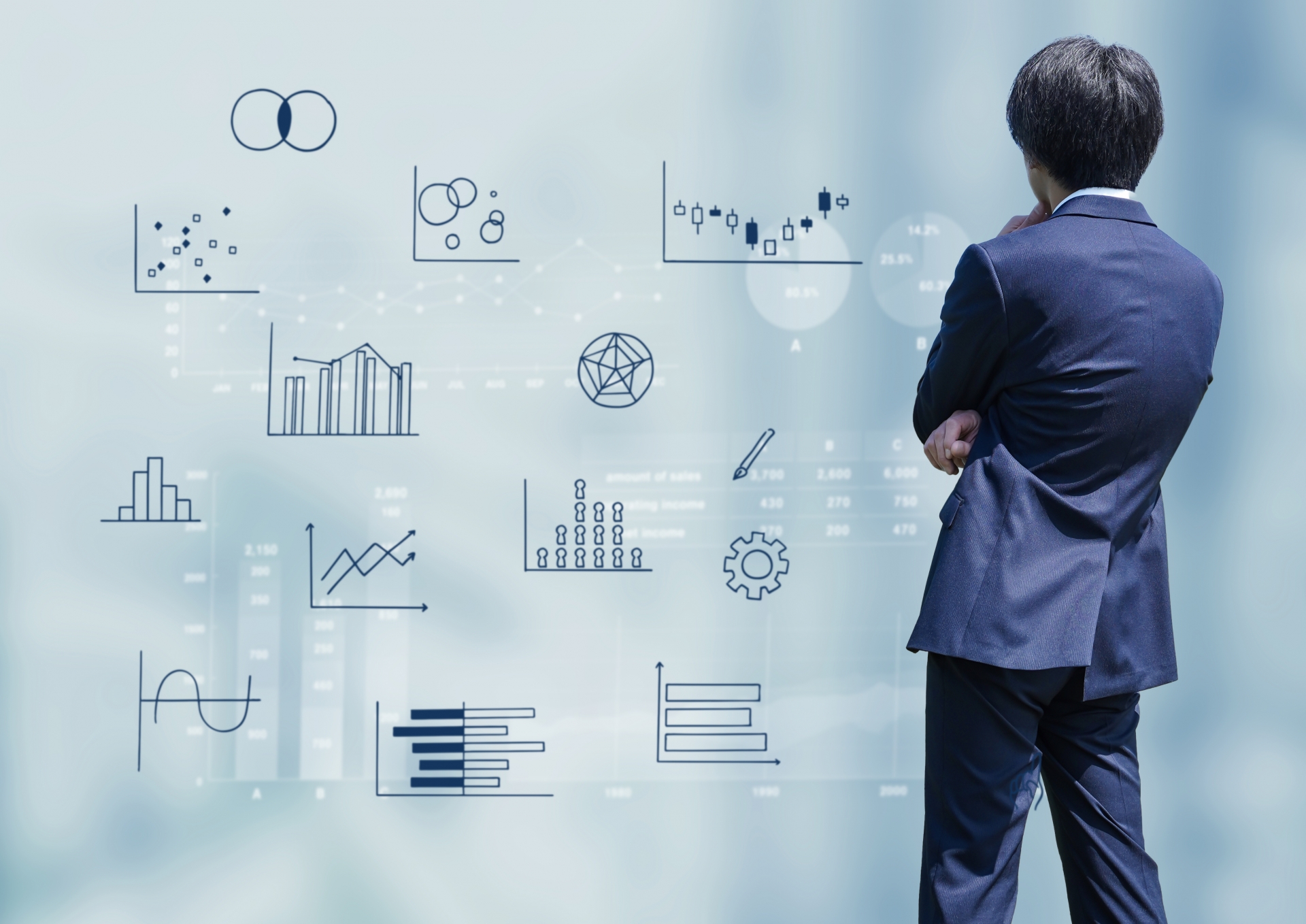 ビジネスマン後ろ姿とアイコン