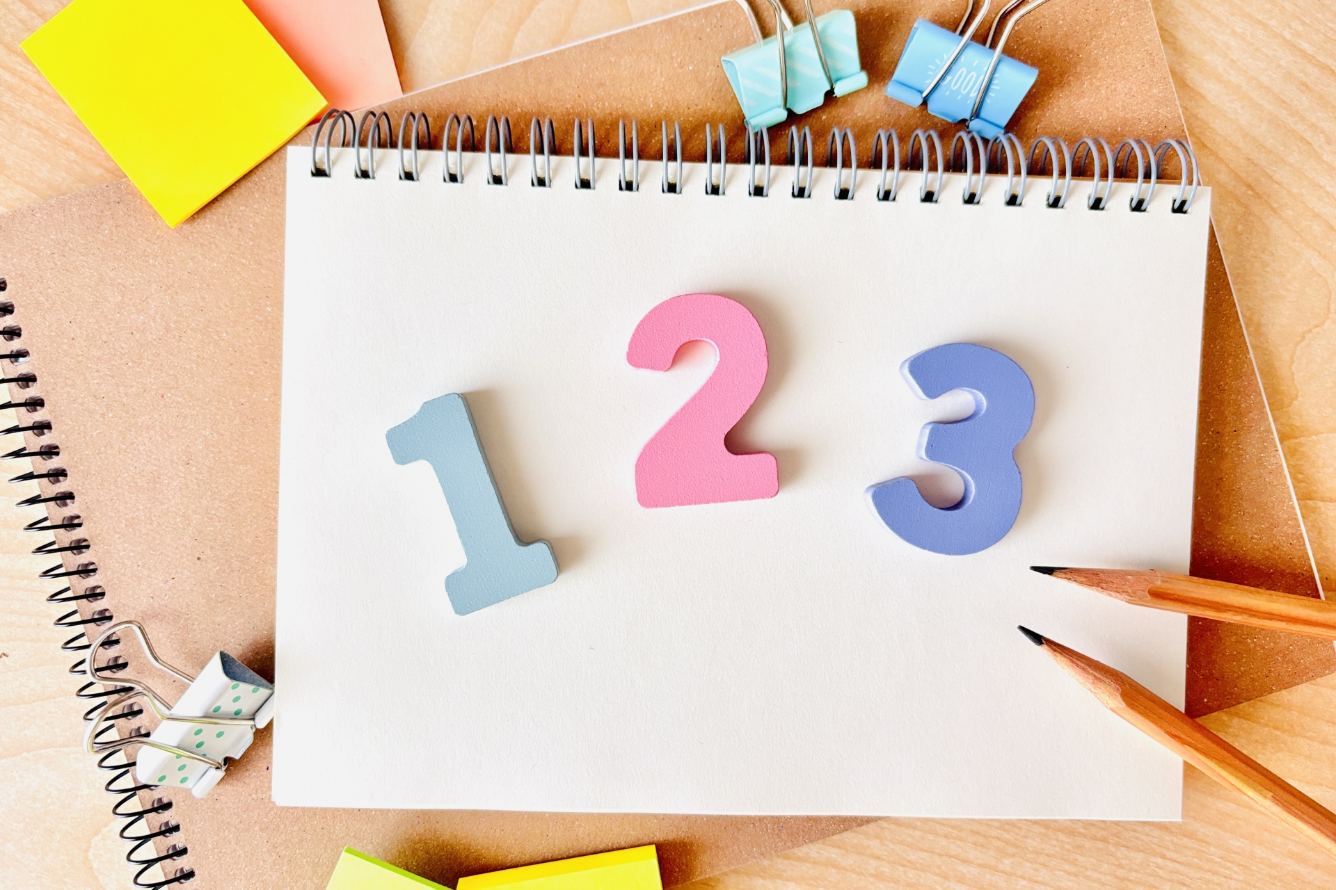机の上のノートと123の文字
